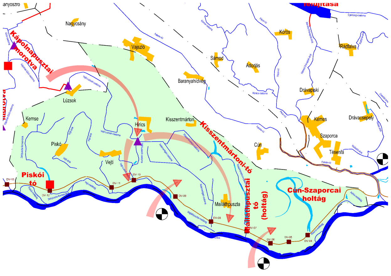 A vízkormányzási rendszer elemei A Vejti-Lúzsoki csatorna, Kisszentmárton-Mailáthpusztai csatorna vízrendszere Vízbevezetés a vízrendszerekbe: - gravítációs vízbevezetés a Kápolnai-Gürü-csatornából -