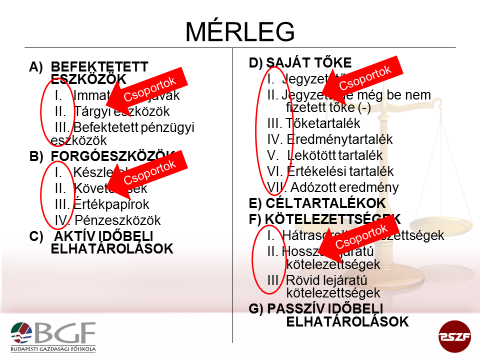 Mérlegfőcsoportok, mérlegcsoportok általános ismertetés Eszközök A rendeltetésük, használatuk alapján megkülönböztetünk befektetett eszközöket, forgóeszközöket.