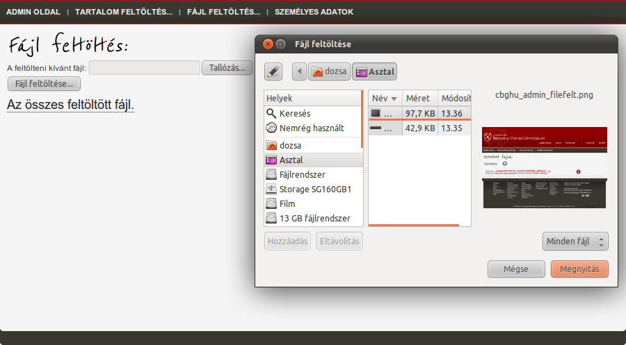 3.4.2 Fájlok feltöltése, törlése 18. ábra. Fájlok feltöltése 19. ábra. Fájlok feltöltése 2 Az oldalra az adminisztrációs felületen keresztül lehetőség van fájlok feltöltésére, törlésére is (18., 19.