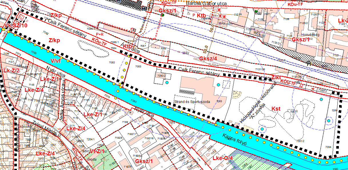 7. Kaposvár, 7083, 7082 és 7090/2 hrsz alatti ingatlanokon 50 méteres sportuszoda elhelyezése Csik Ferenc sétány Kapos folyó Bartók B.