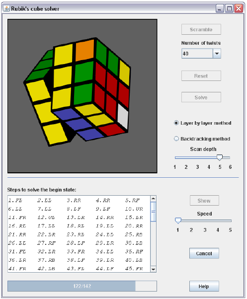 9. táblázat: A 3x3x3 as Rubik kocka program alapú, Layer by layer kirakásának algoritmusai a MOHÓ keresővel (2., 3., 4., 5. szinteken) Szint száma 2. 3. Fázis A második sáv éleinek algoritmussal leírható pozíciói Élcsere érdemes állapot, élcsere a záró oldalon Élforgatás, záró oldal színhelyes állapotba forgatása 4.