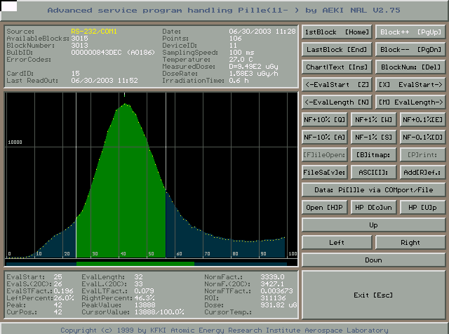 13. ábra: a kapcsolatfelvétel után megjelenik a legutóbb felvett fénygörbe 5.4.1. Menüpontok a Pille Glow Curves képernyőn A képernyőn a legfelső és a legalsó mezőben látható a program neve és verziószáma (V2.