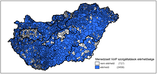 1. ábra: Menedzselt VoIP szolgáltatások földrajzi elérhetősége, 2013 Forrás: NMHH piacelemzési adatszolgáltatás [38] A menedzselt VoIP hozzáférés és az ilyen hozzáférésen nyújtott telefonszolgáltatás