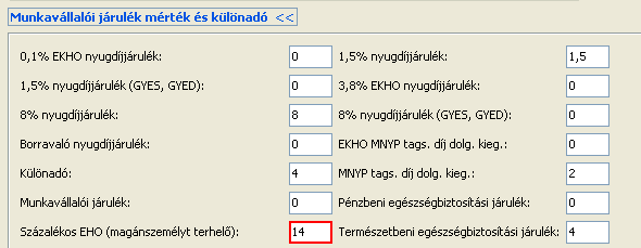 Ezeknél a foglalkozási viszonyoknál, a Munkavállalói járulék mérték és különadó szekcióban a Százalékos EHO (magánszemélyt terhelő) mező értéke 14% kell hogy legyen.