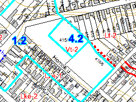 4.1.Közterületi, zöldterületi fejlesztések (1): az extenzív közpark - öko- park - kijelölése: 097/10-/12, 27, 02/65 - /73 hrsz. telkek jelenlegi TSZT besorolása: M, kisebbrészt E.