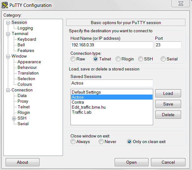 Ethernet kábellel (crosslink) valós csatlakozás esetén a Telnet kapcsolatot kell választani a PuTTY programban, és meg kell adni az Actros 192.168.0.39-es IP címét (lásd 4.