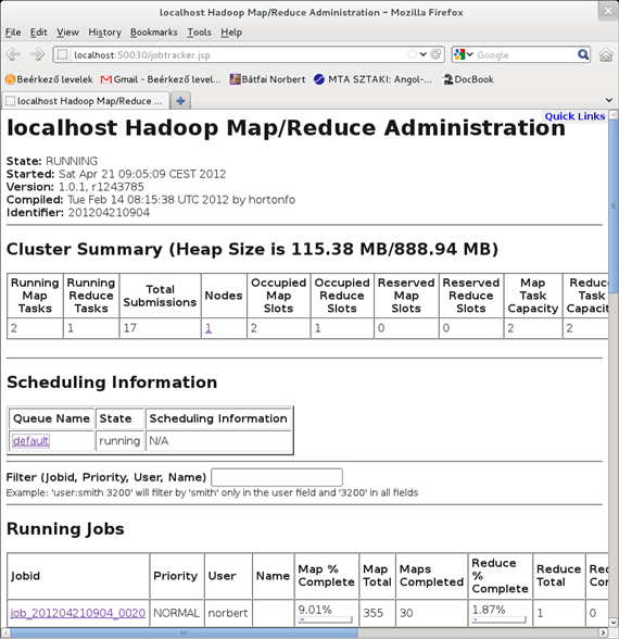 A Map-Reduce platform Most a munka-ütemező lapjaira vess néhány hasonló pillantást a http:localhost:50030 címen: 7.3. ábra - A munka-ütemező webes felülete.