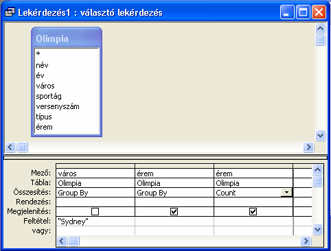 Eredménye: A lekérdezések segítségével az azonos értékő mezıket tartalmazó rekordokból csoportokat képezhetünk. Az összesítı lekérdezés Összesítés sorában válasszuk a Group By parancsot.