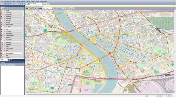 5.5. ábra: Az OSM térkép file importálása és a háttér megjelenítése Az egyes hálózati elemek grafikus megjelenítését magunk is módosíthatjuk, például a linkek színét saját útkategóriák alapján is