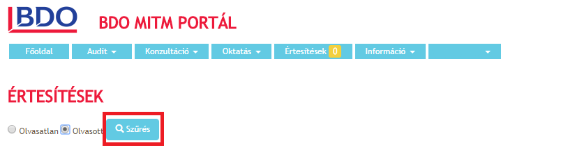 6. ÉRTESÍTÉSEK A Felhasználó a rendszerben történő fontosabb változásokról értesítést kap. Az Értesítések fül mellett jelenik meg, hogy hány darab olvasatlan értesítése van a felhasználónak.