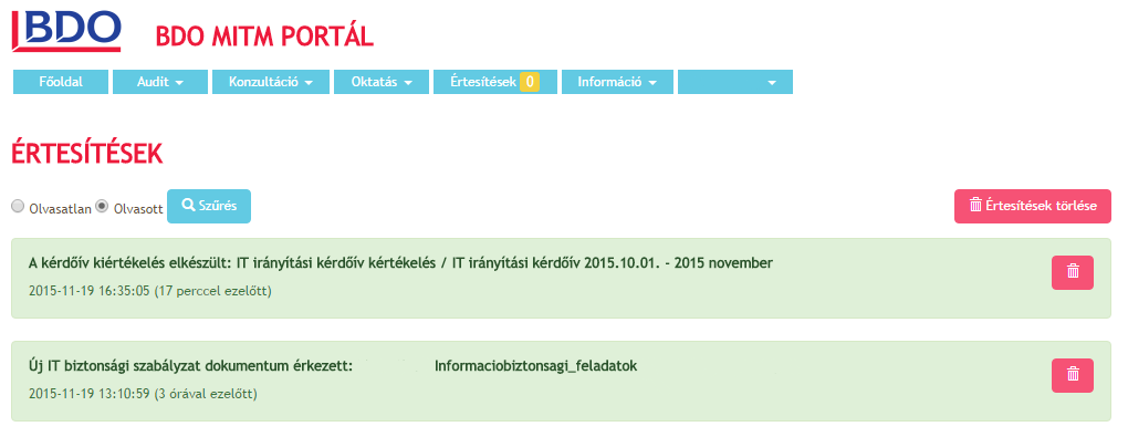 Ezután megjelennek az Olvasott értesítések.