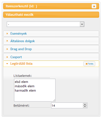 3.1.5. Legördülő lista (Select) Legördülő lista alkalmazása esetén a feladatíró által előre meghatározott listából választható ki a válasz. Beállítási lehetőségek (3.11.