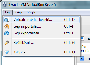Fájl menüpont fontosabbjai Virtuális média kezelő: CD/DVD meghajtókat, merevlemezeket lehet törölni, másolni és ellenőrizni az aktuális méretet.