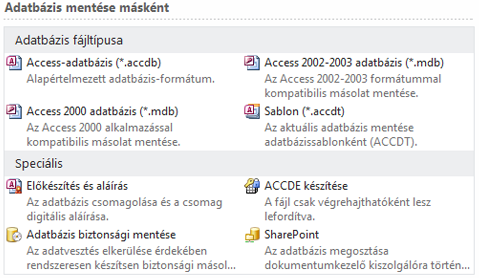 Régi és új Access-fájlok használata Az Access 2010 (és az Access 2007) adatbázisai új formátumban mentik a fájlokat.