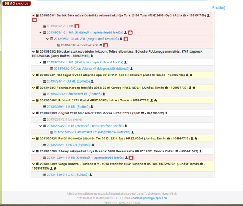 V E-naplók V-1 Áttekintő kép V-1.1 Főnapló V-1.1.1 Megnyitás / Lezárás V-1.1.2 Szerepkörök kiosztása / Szerepkör megszüntetése V-1.1.3 Szerződéses adatok V-1.2 Alnapló V-1.