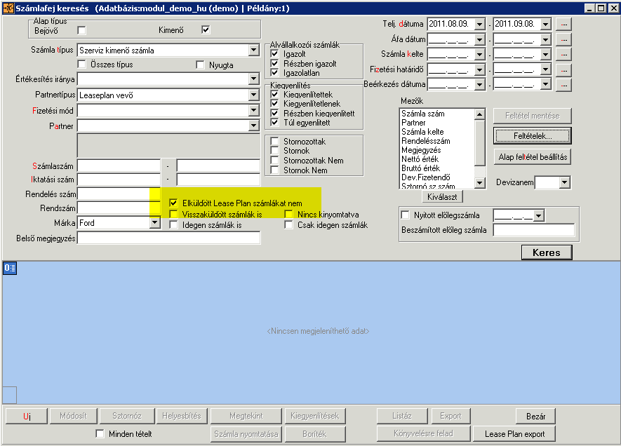 ábra 33: LeasePlan feltétel betöltése a számlakeresés menüpontban A találatok között alapestben nem jelennek meg a már elküldött számlák, ha az elküldötteket is szeretnénk lekérdezni, az Az elküldött