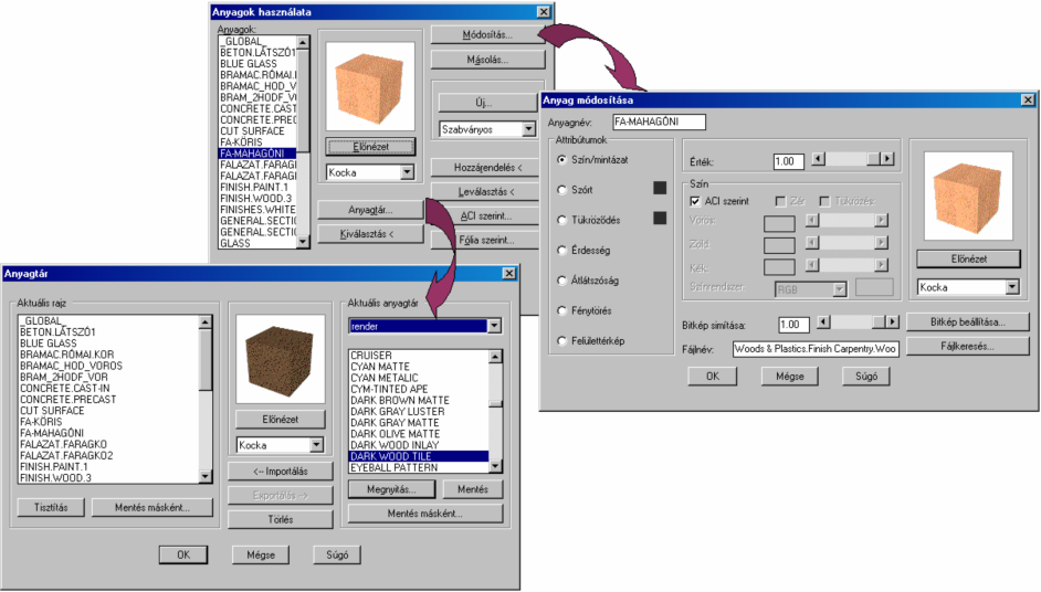 A renderanyagok szerkesztése Sajnos az ADT 2004 és ADT 2006 közötti programváltozatokban elég nehezen kideríthető, hogy a renderanyagok készítéséhez, módosításához, más rajzból való átvételéhez az