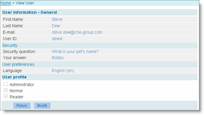 42 REACH-IT Ipari felhasználói útmutató 2.1 változat 44. ábra: Felhasználó megtekintése oldal Kattintson a <Modify> -ra, és frissítse az adatokat, amennyiben szükséges (45. ábra).