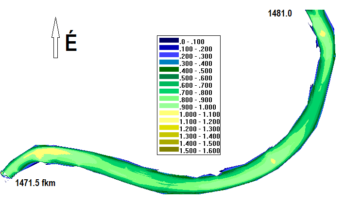 Lévai Proekt 8.13-6. ábra Számított sebességeloszlás az 1520. (balra) és az 1449. (obbra) folyamkilométer szelvényekben Hasonló következtetés vonható le a 8.13-7.