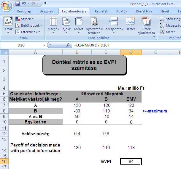 Azt tudjuk, hogy szakértők igénybevétele nélkül a meglévő, bizonytalan információkat figyelembe véve, és az EMV-t használva, mint döntési kritériumot, a Kft a B terület megvásárlását fogadja el,