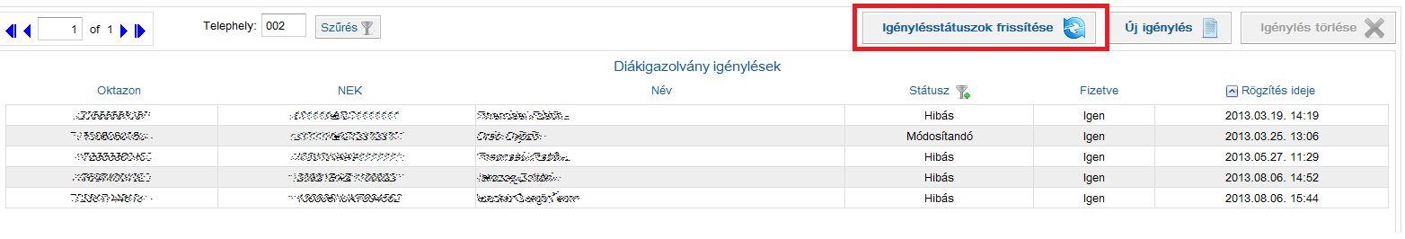 A rendezés a megfelelő oszlop (pl. oktatási azonosító, név, státusz) fejlécére kattintva érhető el. A rendezés iránya ismételt kattintással módosítható.