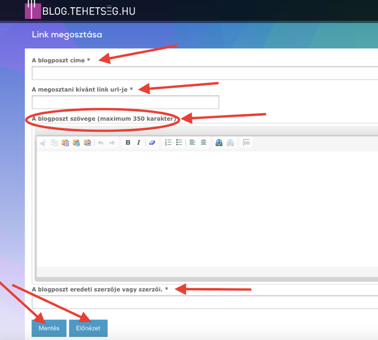 Link megosztása A link megosztásához szükséges négy mezőt a jobb oldali piros nyilakkal jelöltük. A blogposztnak adjunk címet a legfelső mezőben: ez utalhat a link tartalmára.