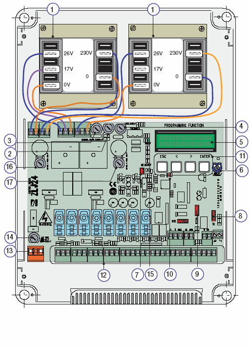 Vezérlés felépítése: 1. Transzformátor 2. Vez. biztosíték 3. kiegészítők biztosítéka 4. Elektromos zár biztosítéka 5. Digitális kijelző 6. Kijelző fényerejének állítása trimmer 7.