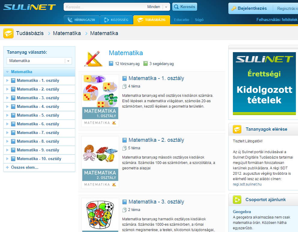 A Sulinet Tudásbázis oldalain az általános iskola 1-8. osztályához és a középiskola 9-10.