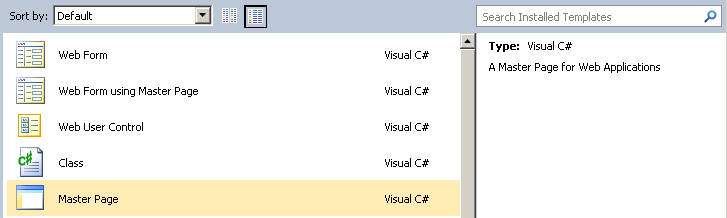 NET Empty Web Site sablon alapján, majd adjunk hozzá egy Master Page oldalt. 2. ábra Új Master Page létrehozása Egy Master Page hasonló, mint a már ismert Web Form, kiterjesztése MASTER.