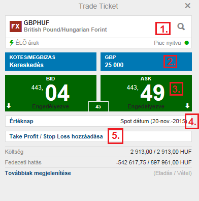 Deviza Kereskedési jegy (Új megbízás) piaci áras kereskedés A kereskedési jegy megnyitásához kattintsunk az Áttekintés ablakon a Kereskedés gombra, vagy az árfolyam figyelő listán belül a termék neve