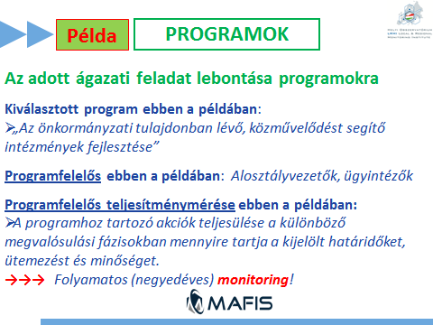 Programok Az ágazati feladatokhoz több program is kapcsolódik, amelyek majd az egyes részcélok megvalósítását szolgáló akciókra bomlanak legvégül. Ezek az akciók lesznek majd a konkrét cselekvések.