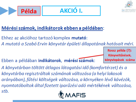 9. ábra: Akciók és felelősük teljesítménymérése Az önkormányzati tulajdonban lévő, közművelődést segítő intézmények fejlesztése c. programhoz két akciót dolgoztunk ki a példában.