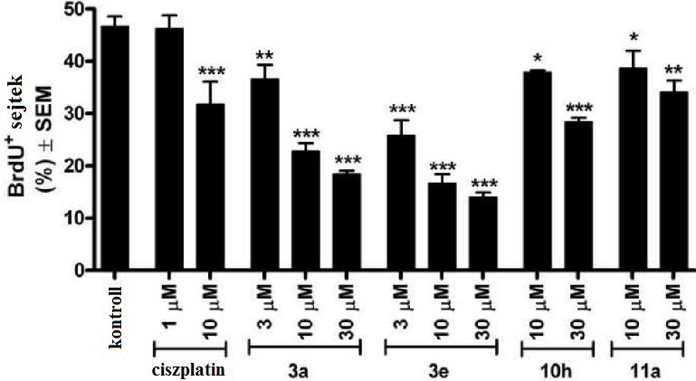 A. B. 6. ábra. A BrdU beépülése a HeLa sejtekbe 24 órás oximokkal (A panel), ill. 17β-HSD1 gátlókkal (B panel) történt kezelés után. *, ** és *** jelzi p<0.05, p<0.01 és p<0.