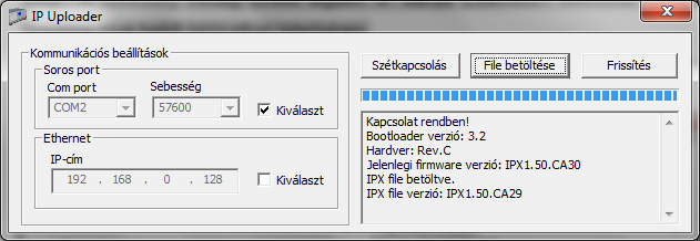 5. Az IP Kártya frissítés választása esetén a következő felület jelenik meg: 6. Válassza ki a COM portot, amire az IP kártya csatlakoztatva van. Megj.: A sebesség mindig 57600 legyen.