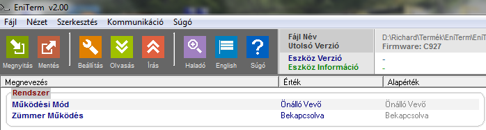 6. A Kommunikáció / Írás menüre kattintva küldje el a beállításokat az eszköznek. Megj.: Adat küldés (és olvasás) alatt látható a vevő firmware verziója. 5.