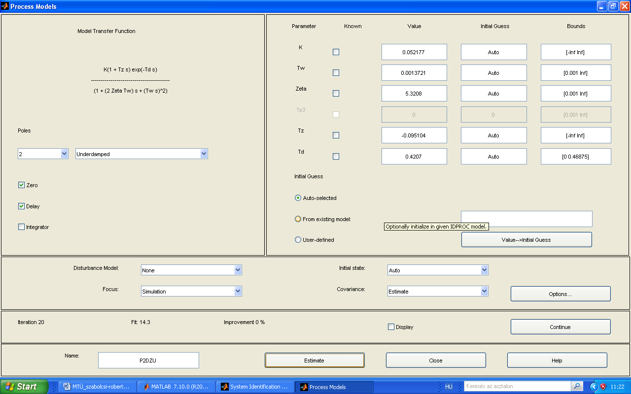 Phase (deg) Magnitude (db) K T, s T z, s, s,5177,1371 5,3 -,9514,47 1. táblázat 5. ábra. MATLAB rogramcsomag [4, 5] System Identification Toolbox ablaka [].