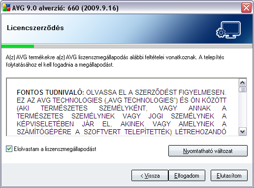 5.2. Licencszerzodés A licencszerzodés panel az AVG licencszerzodés teljes szövegét tartalmazza.