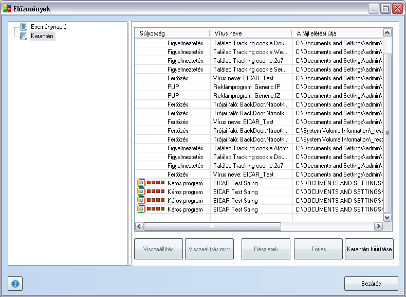 11.8. Karantén A Karantén biztonságos környezetet nyújt az AVG tesztjei során azonosított gyanús/ fertozött fájlok kezeléséhez.