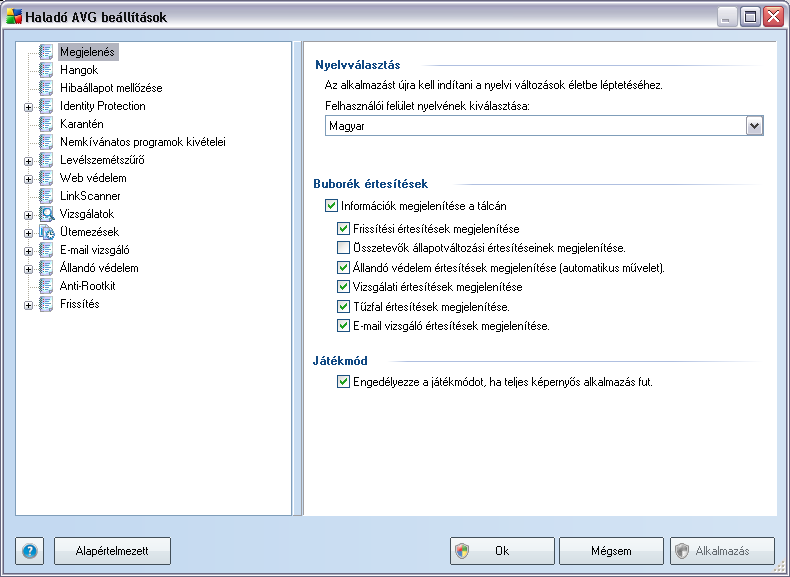 9. AVG Haladó beállítások Az AVG 9 Anti-Virus plusz Tuzfal haladó beállítási panele egy új ablakot nyit meg Haladó AVG beállítások néven.