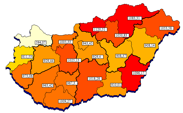 10 ezer lakosra jutó elszámolt ápolási nap területi megoszlása a beteg lakóhelyének