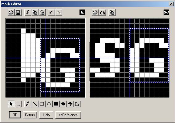 majd az OK gombra kattintva, megnyílik a Mark Editor szerkesztőablak. Pixelenként szerkeszthetjük a képet, a bal gombbal rajzolni, a jobb gombbal törölni lehet.