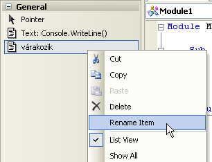 Az eszközkészlet használata Kódrészletek tárolása az eszközkészletben A forráskód elkészítése során sokszor be kell írnunk a Console.WriteLine, Console.Readline utasításokat.