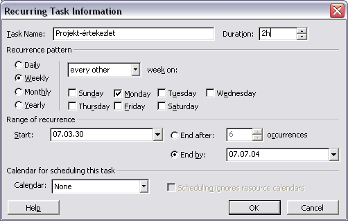alkalmazásával hozható létre. Az ennek hatására feltőnı Recurring Task Information ablakot mutatja a 40.
