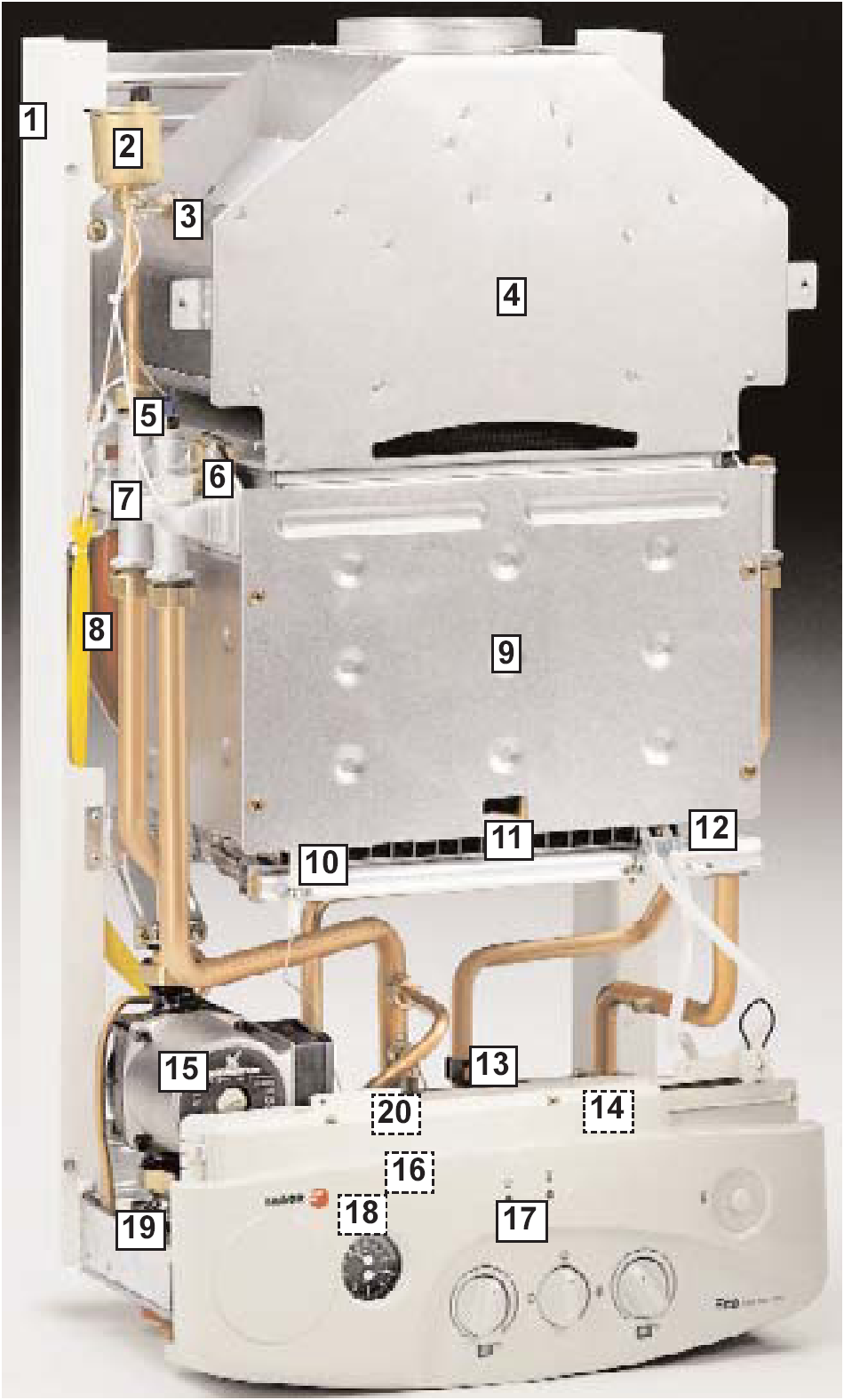 1.- A KÉSZÜLÉK LEÍRÁSA Teljesítmény modulátorral rendelkező, nyitott égésterű és természetes szellőzésű fali gázkazán, fűtés és melegvíz szolgáltatásához. Fő alkotórészei a következők: 1.- Test 2.