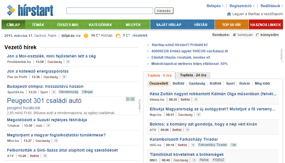 A Hírstart rovatai áttekinthető formában, több száz forrásból szemlézett, átlagosan napi 3-4000 cikket kínálnak látogatóinak. átlagosan napi 147.000 felhasználó 652.000 oldalt tölt le m.