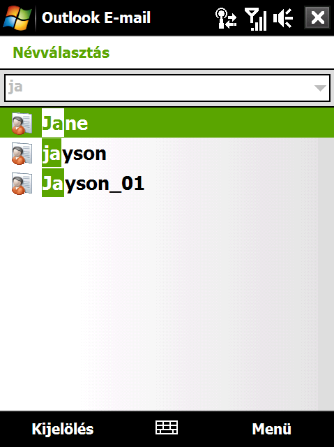 A vállalati e-mailek és az értekezlet-összehívások kezelése 151 3. Adja meg a névjegyben szereplő név egy részét vagy egészét, majd érintse meg a Keresés elemet.