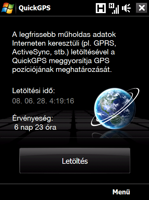 200 Navigálás útközben A QuickGPS megnyitása Érintse meg a Start > Programs (Programok) > QuickGPS elemet. Az adatok letöltése Érintse meg a Letöltés elemet a QuickGPS képernyőjén.