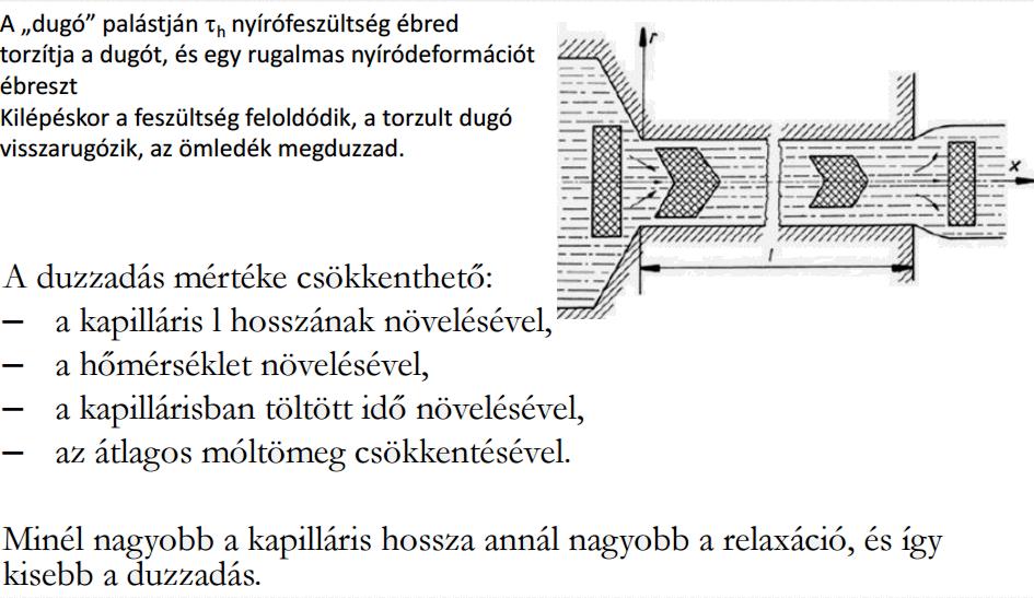 2. Kifolyási duzzadás: Extrudálásnál - korlátozza a profilkialakítás szabadságát, - a kész termékek lehűtéskor, az extrudált profilokba befagyott feszültségek