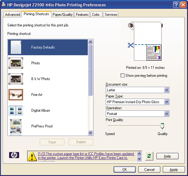 A parancsikon használatához válassza ki a Printing Shortcuts (Nyomtatási parancsikonok) lapot a Windows illesztőprogram párbeszédpanelén. Megjegyzés el.