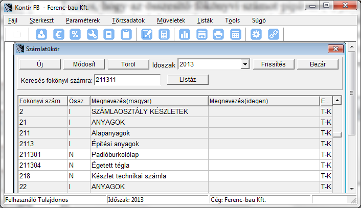 Itt látjuk a számlatükör egy kis részletét, és azt is jól látni, hogy csak a N-nel jelölt kartontokra tudunk könyvelni. A törzsadatok menü automatikus kontír-kód almenüjébe megyünk.